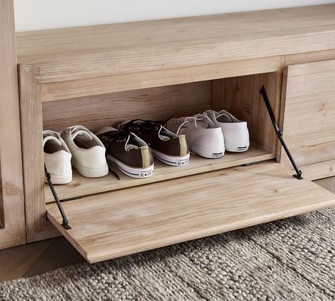 It has two drop-front doors to store shoes and outerwear, and it can be paired with the matching wall shelf and storage towers to design the ultimate entryway system. Entryway Wall Shelf, Bench With Cubbies, Beadboard Paneling, Geometric Construction, Entry Bench, Entryway Wall, Shoe Bench, Storage Towers, Bench With Shoe Storage