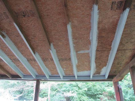 Exposed Beam Porch Ceiling, Exposed Porch Rafters, Corrugated Metal Ceiling Porch, Underside Of Porch Roof Ceilings, Painted Patio Ceiling, Partial Covered Deck Ideas, Diy Porch Ceiling, Metal Porch Ceiling, Covered Porch Ceiling Ideas