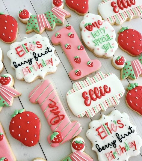 Berry First Birthday Cookies, Baby First Birthday Themes, First Birthday Cookies, Strawberry Shortcake Birthday, Perfect Cookies, Berry First Birthday, Strawberry Shortcake Party, Baby Birthday Themes, 1st Birthday Party Themes