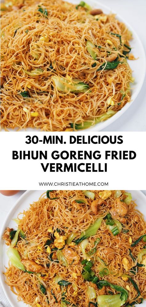 Bihun Goreng Fried Vermicelli, also known as Bee Hoon Goreng. A popular stir fried vermicelli noodle dish that originates from Indonesia and is commonly eaten in South East Asia. Bihun Goreng consists of chewy springy vermicelli noodles fried with leafy greens, tender chicken, egg, bean sprouts, and garlic. Seasoned with a sweet soy sauce for the perfect flavour. #noodles #noodle #noodlerecipes #vermicelli #indonesian #indonesianfood #asianrecipe #asianfood #indonesianrecipe #quickmeal Chinese Vermicelli Noodles, Fried Rice Vermicelli Noodles, Vermicelli Mac And Cheese, Best Vermicelli Noodles Recipes, Garlic Vermicelli Noodles, Egg Fried Rice Noodles, Vermecilli Noodles Recipes, Vegetarian Vermicelli Recipes, Recipes With Sweet Soy Sauce