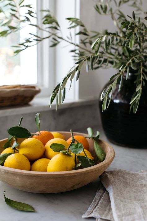 How To Decorate Kitchen Counters, Fruit Bowl Decor, Heather Bullard, Decorate Kitchen, Fruit Bowl Display, Homemade Limoncello, Lemon Bowl, Kitchen Counter Decor, Lemon Decor