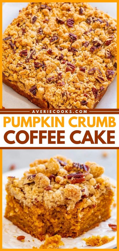 Spiced Pumpkin Crumb Cake Recipe - Averie Cooks Pumpkin Crumble Cake Recipe, Pumpkin Spice Crumb Cake 12 Tomatoes, Gooey Pumpkin Crumble Cake, Pumpkin Crumble Cake, Pumpkin Spice Coffee Cake, Spice Coffee Cake, Pumpkin Crumb Cake, Pumpkin Crumble, Pumpkin Coffee Cake Recipes