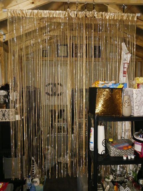 I used gold string curtains as room divider. They work well and add style to a small space. Curtain Room Divider With Lights, Curtain Wire Room Divider, Curtain Separation Room Dividers Metal, Foil Fringe Curtain With Lights, Pink Tinsel Curtain, Glitter Curtains, String Curtains, Crystal Curtains, Small Spaces