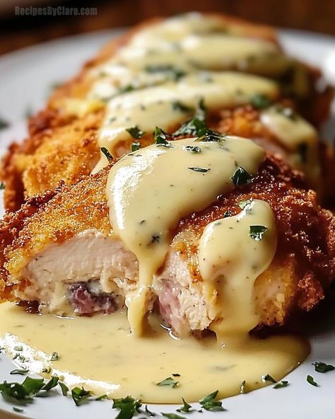 Chicken Cordon Bleu with Swiss Cheese Sauce Recipe - Classic & Delicious - Recipes By Clare Swiss Cheese Sauce Recipe, Swiss Cheese Sauce, Chicken Delight, Chicken Cordon Bleu Recipe, Cordon Blue, Lunch Meals, Ham And Swiss, 2023 Recipes, A Lot Of Food