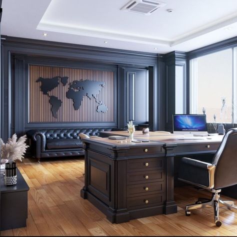 Spanish Home Office, Mens Office Desk, Vaulted Office, Mediterranean Basement, Office Building Interior Design, Law Firm Office Design, Dream Office Luxury, Male Home Office, Rich Office