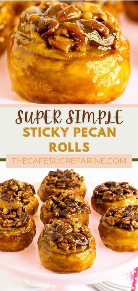 These super simply sticky rolls taste just like they came from a super fancy bakery! These sticky pecan rolls are going to taste like a labor of love that you were up working on before the sun has come up. This recipe is taking advantage of puff pastry to really make this recipe simple, but taste just like the bakery. For full recipe details, read the ful post! Easy Breakfast Pastries For A Crowd, Puff Pastry Caramel Rolls, Pecan Rolls Recipe Sticky Buns Rhodes, Savory Bakery Recipes, Puff Pastry Pecan Rolls, Pastry Puff Cinnamon Rolls, Homemade Pecan Rolls, Puff Pastry Morning Buns, Pastry Dough Breakfast Recipes