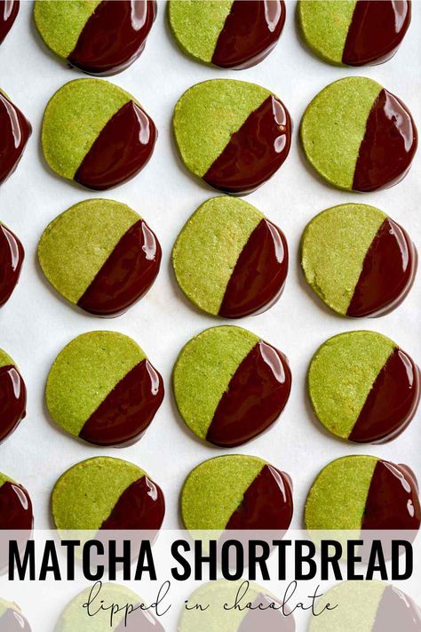 Combining matcha, shortbread, and rich dark chocolate is a match made in heaven. These cookies look gorgeous and taste even better. Matcha Chocolate Cookies, Matcha Fudge Recipe, Matcha Shortbread Cookies, Matcha Shortbread, Matcha Cookies Recipe, Holiday Bakes, Meal Planing, Dessert Snacks, Chocolate Dipped Cookies