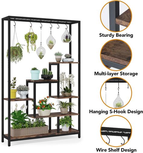 Tribesigns 5-Tier Tall Indoor Plant Stand, 70.9 inches Large Metal Plant Shelf with 6PC S Hanging Hooks, Multi-Purpose Flower Bonsai Pots Display Rack for... Metal Plant Shelf, Indoor Plant Shelves, Tall Indoor Plants, Indoor Plant Stand, Flower Bonsai, Tall Plant Stands, Support Pour Plante, Wire Shelf, Support Plante