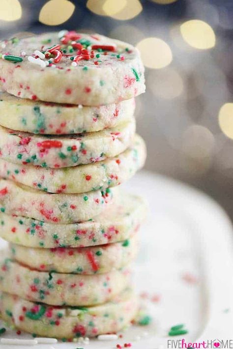 Christmas Shortbread Cookies ~ simple to make and loaded with festive sprinkles, these easy Christmas cookies are the perfect addition to your holiday cookie platter! | FiveHeartHome.com Shortbread Christmas Cookies, Christmas Shortbread Cookies, Shortbread Christmas, Vegan Holiday Cookies, Cookies With Sprinkles, Easy Shortbread, Easy Holiday Cookies, Shortbread Cookies Christmas, Vegan Christmas Cookies