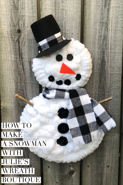 Loop Yarn Snowman, Softball Snowman Diy, Julie Wreath Boutique, Julies Wreaths, Snowman Wreath Diy, Wire Snowman, Snowman Mesh Wreath, Fancy Door, Wreath Diy Christmas