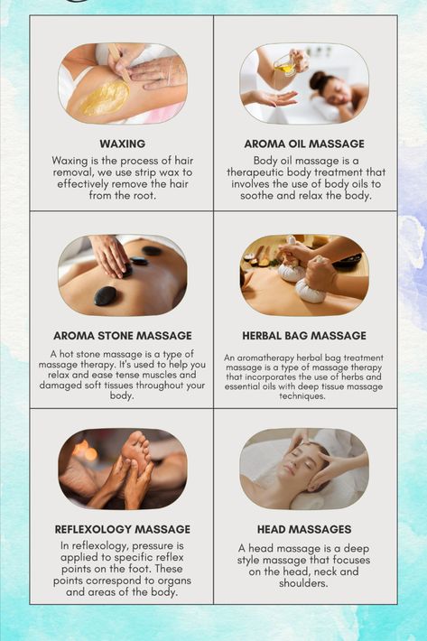 Different Massage Types, Different Type Of Massages, Wellness Spa Services, How To Start A Massage Therapy Business, Medical Spa Services, Spa Add On Services, Massage Therapy Add Ons, Body Massage Benefits, Spa Specials Ideas