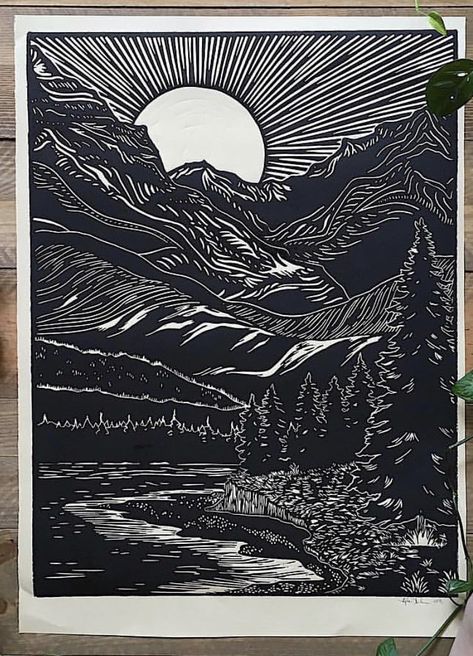 Anamorphic Art Drawings, Print Making Landscape, Linocut Nature, Lino Art Ideas, Linoleum Print Ideas, Printmaking Landscape, Linocut Landscape, Nature Printmaking, Print Making Designs