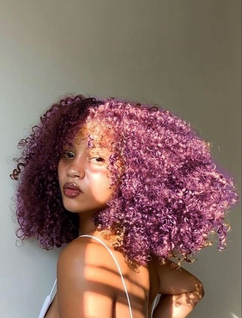 Purple Hair On Natural Hair, Purple Afro Aesthetic, Purple Hair Color Curly, Light Brown Hair With Pink Skunk Stripe, Curly Purple Hair Black Women, Purple Hair Color Black Women, Hair Color Ideas Curly Natural Curls, Lavender Curly Hair Black Women, Died Curly Hair Black Women