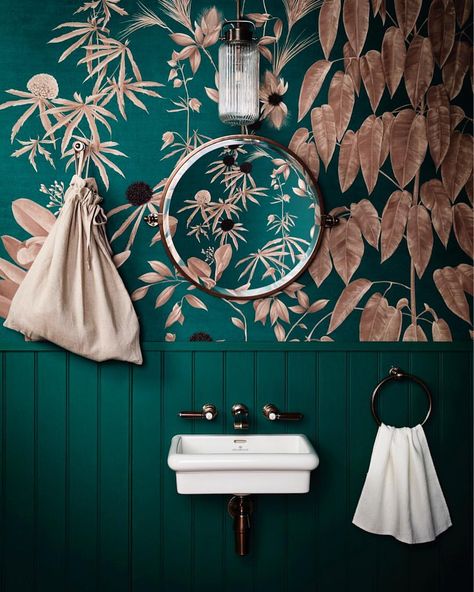 With a lick of Calypso Green paint from @benjaminmoore's mildew-resistant Aura® Bath & Spa range, the panelling in this tropics-inspired… Sequoia Painting, Painted Shiplap, Green Color Trends, Blush Pink Wallpaper, Toilet Sink, Downstairs Toilet, Mirror On The Wall, Green Bathroom, Bathroom Wallpaper