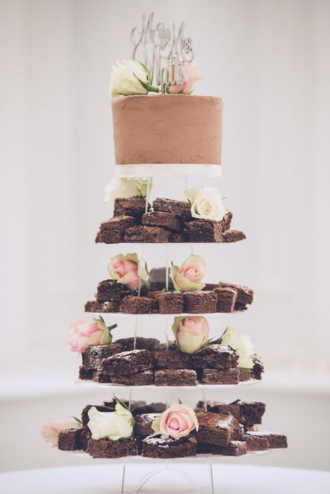 Wedding Tower Cake, Wedding Cake With Brownies, Wedding Cake And Brownies, Non Cake Wedding Cake, Brownies At Wedding, Wedding Brownie Cake, Brownie Wedding Cake Tower, Brownie Cake Wedding, Wedding Cake Brownies