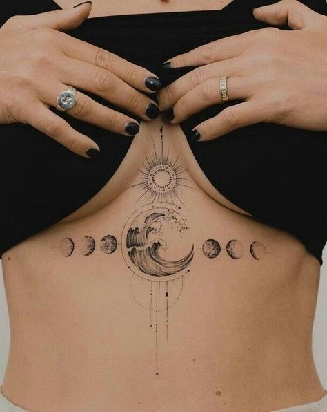 Sun And Moon Tattoos, Underboob Tattoo Designs, Moon Tattoos, Chest Tattoos For Women, Spine Tattoos For Women, Dope Tattoos For Women, Calf Tattoo, Cute Tattoos For Women, Phoenix Tattoo