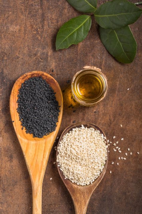 White and black sesame seeds and oil on ... | Premium Photo #Freepik #photo #organic #natural #oil #stone Sesame Allergy, Aloe Vera Uses, Sesame Seed Oil, Edible Seeds, Healthiest Seafood, Black Sesame Seeds, Sesame Seed, Organic Spice, Food Allergens