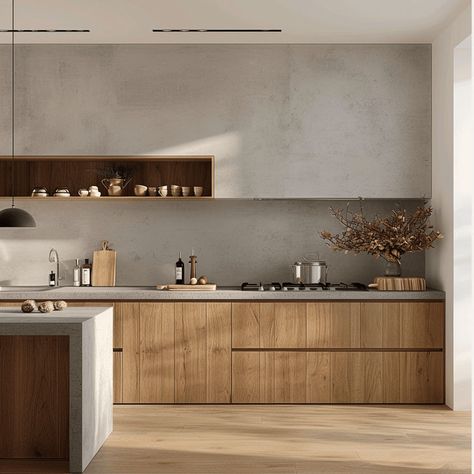 A minimalist kitchen with a soothing, neutral color palette, featuring white walls, light wood cabinets, and a gray countertop, minimalist kitchen, interior design3 Minimalist Kitchen, Modern Kitchen, The Kitchen, Kitchen Design, White, Design, Art