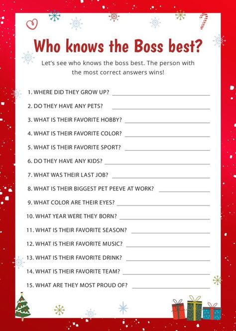 Who knows the Boss Best | Christmas Office Party Games Christmas Games For Teaching Staff, Teacher Staff Holiday Games, Staff Party Christmas Games, Office Holiday Party Activities, School Staff Christmas Ideas, Christmas Party Games For Office Parties, Staff Party Games Christmas, Employee Christmas Games, Christmas Games To Play At Work