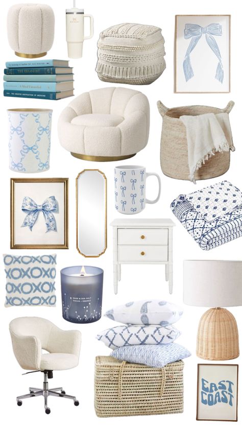 dorm room/ apartment ideas Gold Dorm Room, Room Apartment Ideas, White Dorm Room, Dorm Room Aesthetic, Light Blue Bedroom, Blue Dorm, First Apartment Essentials, Girly Room Decor, Ocean Room