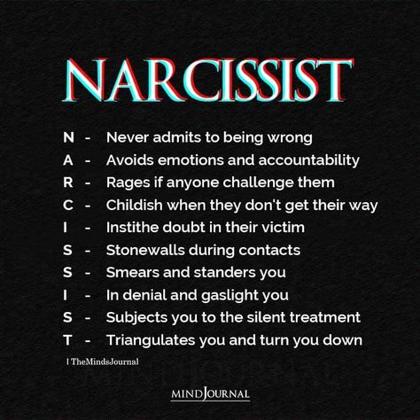 NARCISSIST N - Never admits to being wrong A - Avoids emotions and accountability R - Rages if anyone challenges them C - Childish when they don't get their way I - Instithe doubt in their victim. Medical Gaslighting, Narc Quotes, What Is Narcissism, Narcissistic Husband, Energy Shift, Sparkle Quotes, Narcissistic Family, Narcissism Quotes, Narcissism Relationships