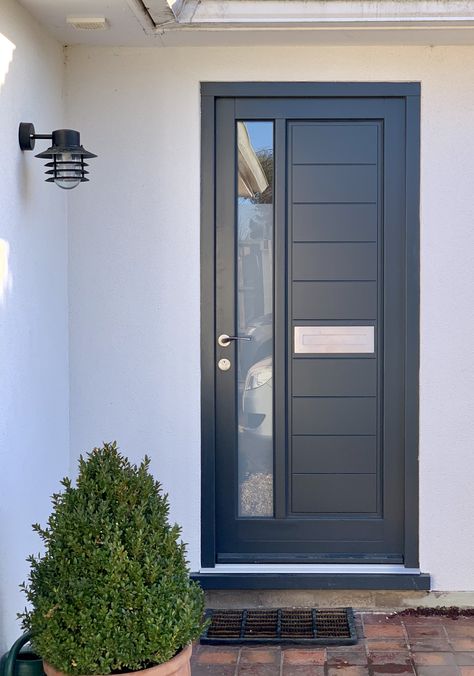 Contemporary House Front Door, Front Steel Door Design, Modern Aluminium Front Door, Steel Front Door Design, Outer Door Design Modern, Stainless Door Design, Gray Door Exterior, Steel Doors Design, Home Front Door Ideas