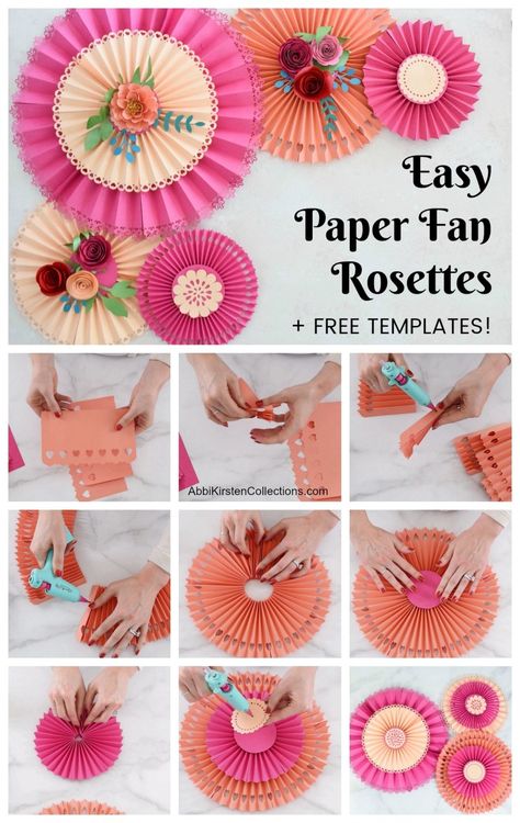 How to make easy paper fan hanging rosettes using your Cricut machine. Plus download 3 free templates! Jubilee Crafts, Paper Fan Decorations, Floral Diy, Paper Flower Art, Paper Rosettes, Paper Fan, Fan Decoration, Paper Flowers Craft, Tissue Paper Flowers