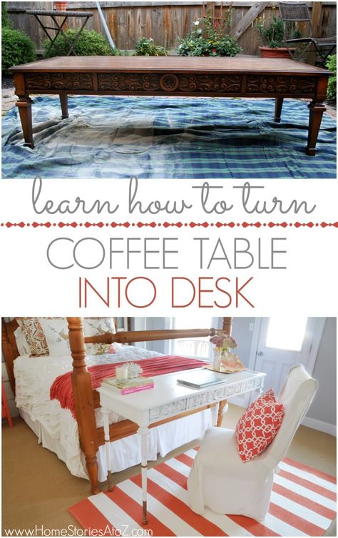 Learn how to turn a coffee table into a desk. Table Into Desk, Sewing Table Diy, Coffee Table Hacks, Room Desks, Diy Sewing Table, Table Diy, Furniture Hacks, Refurbished Furniture, Kitchen Islands