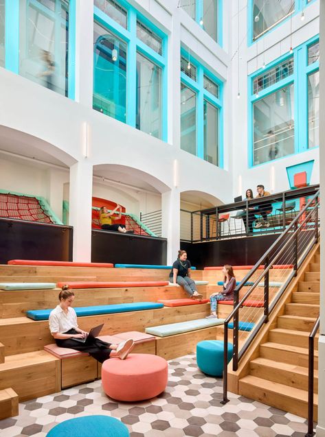 A Playful Tech Office that Nods to the Past - Metropolis Fun Corporate Office Design, California Office, Austin Murals, University Design, Brand Colour Schemes, Interior Materials, Tiered Seating, Office Decor Ideas, Fun Office