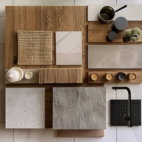 This kitchen embodies the Wabi-Sabi and Japandi aesthetics, merging minimalist Japanese principles with Scandinavian functionality. The space features natural materials, predominantly light wood, creating a warm and inviting atmosphere. Open shelving showcases simple, elegant kitchenware, enhancing the clean and uncluttered look. The large windows and skylights flood the area with natural light, blurring the boundaries between indoors and outdoors and highlighting the organic textures and fin... Japandi Style Home, Wabi Sabi Kitchen, Japandi House, Japandi Home Decor, Neutral Interior Design, Japandi Kitchen, Japandi Interior Design, Scandinavian Kitchen Design, Mood Board Interior