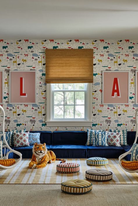 playroom Elegant Playroom Ideas, Wallpaper Playroom For Kids, Basement Living Room Playroom, Playroom No Windows, Cheap Playroom Makeover, Kids Wallpaper Playroom, Boys Playroom Wallpaper, Long Narrow Playroom, Playroom Above Garage