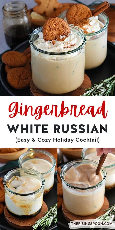 Make the holiday season extra festive & fun with a cozy Gingerbread White Russian. This drink recipe features classic White Russian ingredients (Kahlua, vodka & cream), plus an easy homemade gingerbread simple syrup to create the ultimate sweet & creamy cocktail. Top with whipped cream & a gingersnap or mini gingerbread cookie for a cute aesthetic. It's perfect for Christmas and New Year's Eve parties, but so good you'll want to fix it all fall & winter long. (dairy-free   mocktail option) White Russian Cocktail, Gingerbread Syrup, Creamy Cocktails, Homemade Gingerbread, Thanksgiving Drinks, Easy Cocktail, Ginger Cake, Beverage Recipes, Ginger Snap Cookies