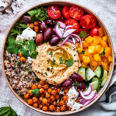 Mediterranean Bowls - The Big Man's World ® Vegetable Quinoa Bowl, Asian Veggie Bowl, Meal Prep With Chickpeas, Bowl Of Vegetables, Quinoa Dinner Bowls, Roasted Veggie And Chickpea Bowls, Healthy Bowl Sauces, Roasted Chickpeas Bowl, Hummus Rice Bowl