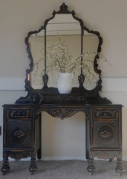 vintage vanity in black, painted furniture, After Smart Tiles, Beautiful Dresser, Antique Vanity, Cool Ideas, Vintage Vanity, Redo Furniture, Furniture Inspiration, Beautiful Furniture, Annie Sloan