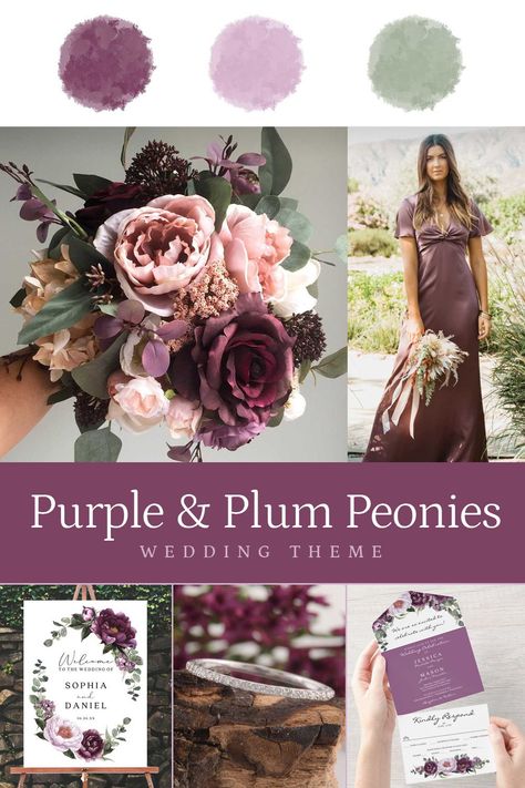 Grape Wedding Colors, Eggplant And Grey Wedding, Plum And Sage Green Wedding, Plum And Sage Wedding Colors, Plum Green Wedding, Plum And Blush Wedding, Plum Wedding Theme, Plum Peonies, Plum Wedding Colors