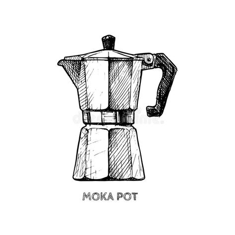 Illustration about Vector hand drawn illustration of moka pot in vintage engraved style. isolated on white. Illustration of caffeine, macchinetta, engraving - 100058327 Moka Pot Drawing, Moka Pot Illustration, Moka Pot Tattoo, Coffee Pot Tattoo, Loose Sketching, Illustrated Recipe, Coffee Art Print, Coffee Tattoos, Coffee Drawing