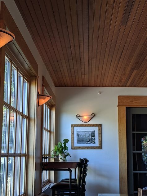 Beadboard Ceilings With Beams, Wooden Beadboard Ceiling, Cabin Beadboard Walls, Wood Panel Ceiling Office, Natural Wood Beadboard Walls, Wood Slat Ceiling Bedroom, Dark Beadboard Ceiling, Natural Beadboard Walls, Dark Wooden Ceiling