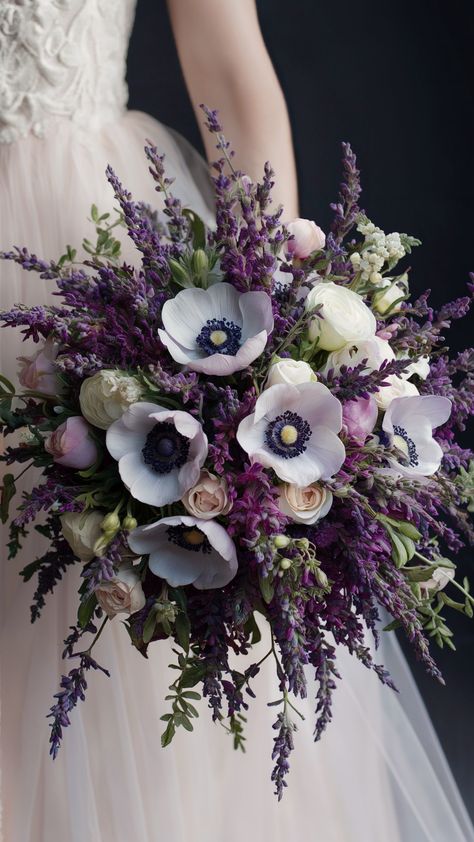 Stylish Lavender and Anemone Wedding Bouquets Lavender In Bouquet, Dark Purple Bouquet Wedding, Forest Bridal Bouquet, Black White And Lavender Wedding, June Floral Arrangements, Wedding Bouquet With Ferns, Dramatic Wedding Bouquet, Forest Green And Purple Wedding, Purple And Green Wedding Ideas