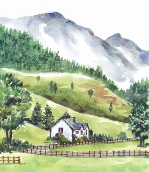 Landscape With House, Nature Watercolor Art, Paint Nature, Landscape Painting Watercolor, Watercolor House Painting, Watercolor Scenery, Watercolor Art Landscape, Watercolor Paintings Nature, Nature Background Images