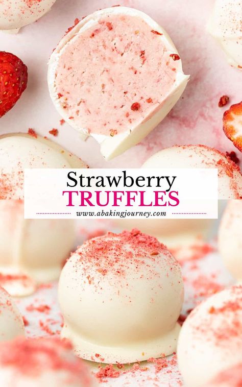 These delicious White Chocolate Strawberry Truffles are super easy to make with 3 ingredients only - perfect for a special occasion like Valentine's Day or edible gift for the Holidays! Strawberry Filling For Chocolates, Strawberry Filled Chocolates, Valentine Oreo Truffles, Valentines Sweets Recipes, Strawberry Flavored Desserts, White Truffle Cake, Oreo Truffles Valentines Day, Easy Bonbon Recipe, Valentine’s Party Food