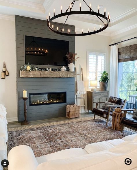 Gray Shiplap Fireplace, Beam Ideas, Earth Tone Living Room, Gray Shiplap, Mountain Farmhouse, Fake Fireplace, Build A Fireplace, Open Concept Living Room, Fireplace Remodel