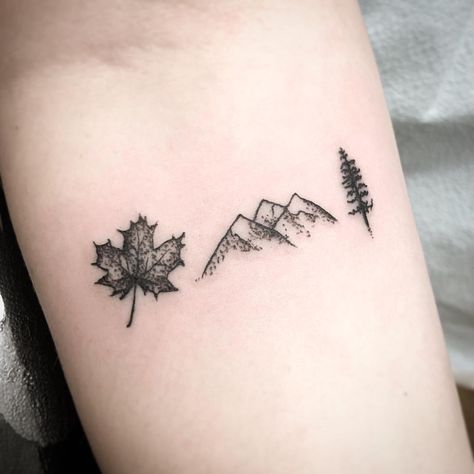 These are a few of her favorite things 🍁⛰🌲💫 : : : #littletattoos #mapleleaf #mountaintattoo #pinetreetattoo #treetattoo #mapleleaftattoo #vermont #vermonter #tinytats #tattooedwomen #tattooideas #optoutside #outdoorwomen #adventureawaits #hike #nature #naturelovers #stippling #stippletattoo #dotworktattoo #thankyou Pnw Mountain Tattoo, Vermont Inspired Tattoos, Vermont Tattoo Ideas, Vermont Mountain Tattoo, Maine Nature Tattoo, New England Tattoo, Vermont Tattoo, Nh Tattoo New Hampshire, England Tattoo