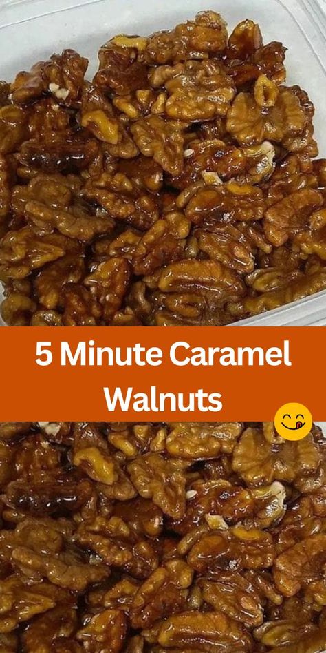 Looking for a quick and delicious snack recipe? Try our 5 Minute Caramel Walnuts! Made with just a handful of ingredients, including walnuts, brown sugar, and butter, these caramelized nuts are perfect for satisfying your sweet cravings in no time. Simply cook the ingredients in a skillet for five minutes until the walnuts are coated in a glossy caramel sauce, then let them cool before breaking them apart. Carmelized Walnuts, Candied Walnut Recipe, Caramelized Walnuts, Caramel Glaze, Walnut Recipes, Easy Treat, Nut Recipes, Candied Nuts, Easy Homemade Recipes