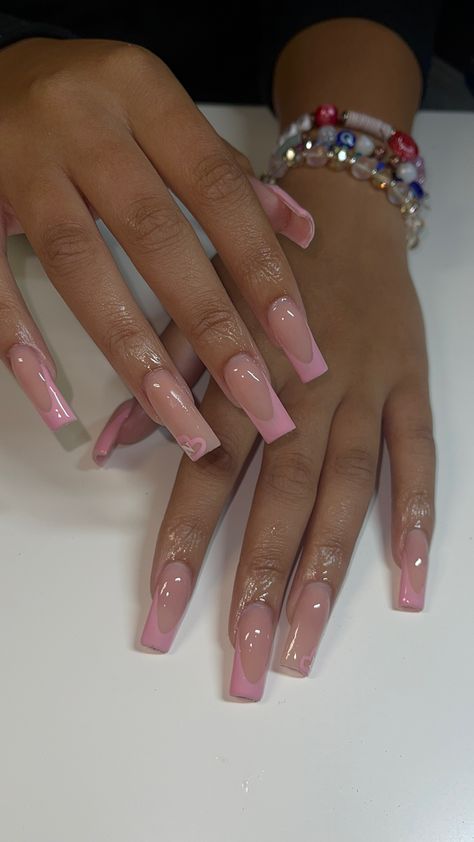 Nails Pink French Coffin Tip Nails, Simple Pink Nails Coffin, French Tips Acrylic Pink, Pink Nails With A Initial, Pink French Tips Design, Pink French Tip With Jewels, Pink And White Simple Nails, Pink Nail Sets With Initial, Pink Deep French Tip Nails