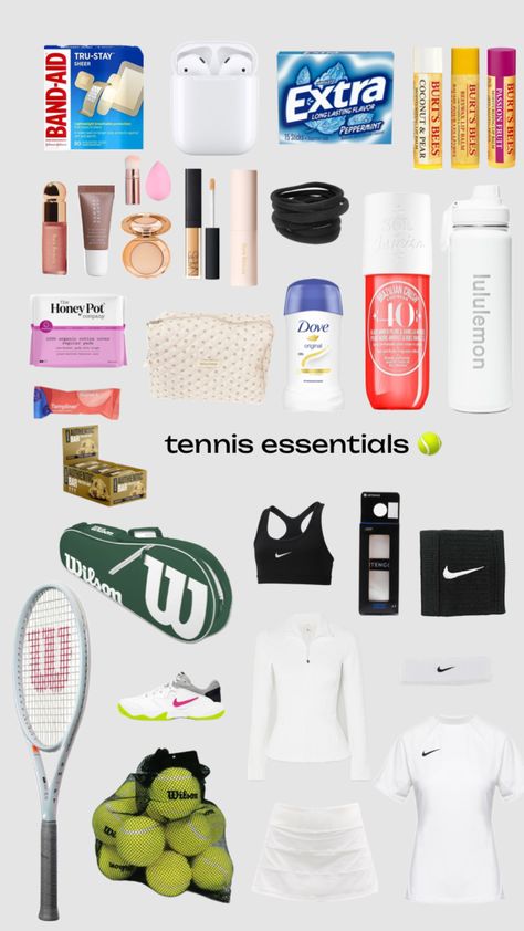 Tennis essentials 🎾🎾 Sports Essentials, Tennis Basics, What To Put In Tennis Bag, Tennis Must Haves, Tennis Bag Essentials List, Tennis Essentials, Tennis Equipment Aesthetic, Tennis Tryouts Tips, Tennis Bag Essentials