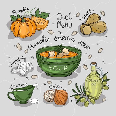 Recipes Illustration, Pumpkin Cream Soup, Cream Of Pumpkin Soup, Homemade Recipe Books, Kitchen Witch Recipes, Recipe Book Diy, Soup Ingredients, Cookbook Design, Recipe Drawing