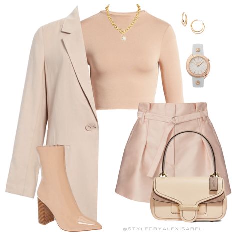 Blush Blazer, Blush Outfit, Long Sleeve Cropped Top, Pearl Necklace Gold, Sophisticated Outfits, Satin Shorts, White Watch, Spring Fashion Outfits, Gold Pearl Necklace