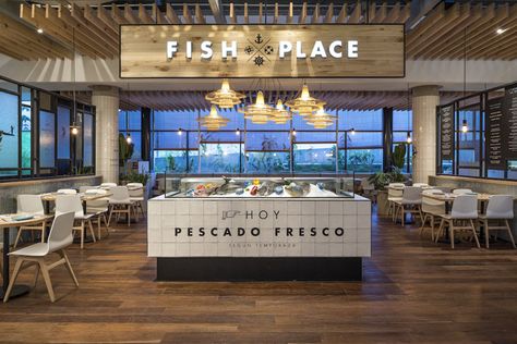 Fish Place restaurant by Studio Felipe Villaveces, Bogotá – Colombia » Retail Design Blog Fish And Chips Restaurant, Metallic Furniture, Tropical Vegetation, Restaurant Fish, Resturant Design, Seafood Shop, Fish Restaurant, Fish And Chip Shop, Commercial Center