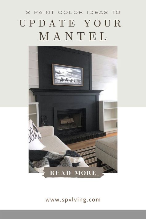 Dark Grey Mantle, Curtains Next To Black Fireplace, Mantle Paint Colors, Paint Fireplace Mantle Black, Fireplace Mantel Color Ideas, Paint Mantle Black, Black Fireplace With Green Walls, Urbane Bronze Fireplace Mantle, Painting Fireplace Mantel Black