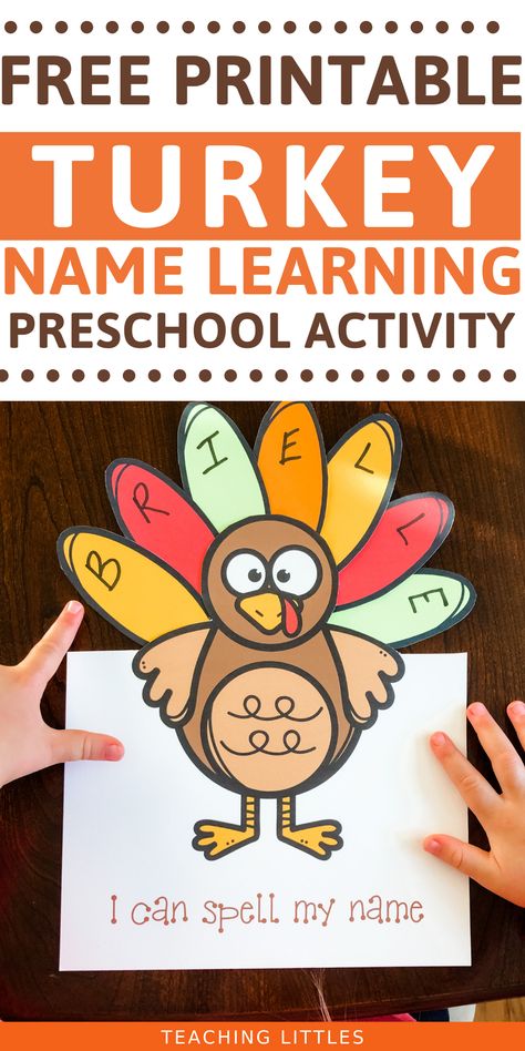 November Name Craft Preschool, Thanksgiving Name Crafts Preschool, Turkey Name Activity Preschool, Turkey Language Activities Preschool, Turkey Learning Activities For Toddlers, Free Thanksgiving Preschool Printables, Thanksgiving Words Preschool, Turkey Name Activity, Thankful Activity Preschool